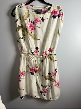 Vintage Mister Noah Floral Rayon Dress White Pink Hibiscus Tie Waist Size M